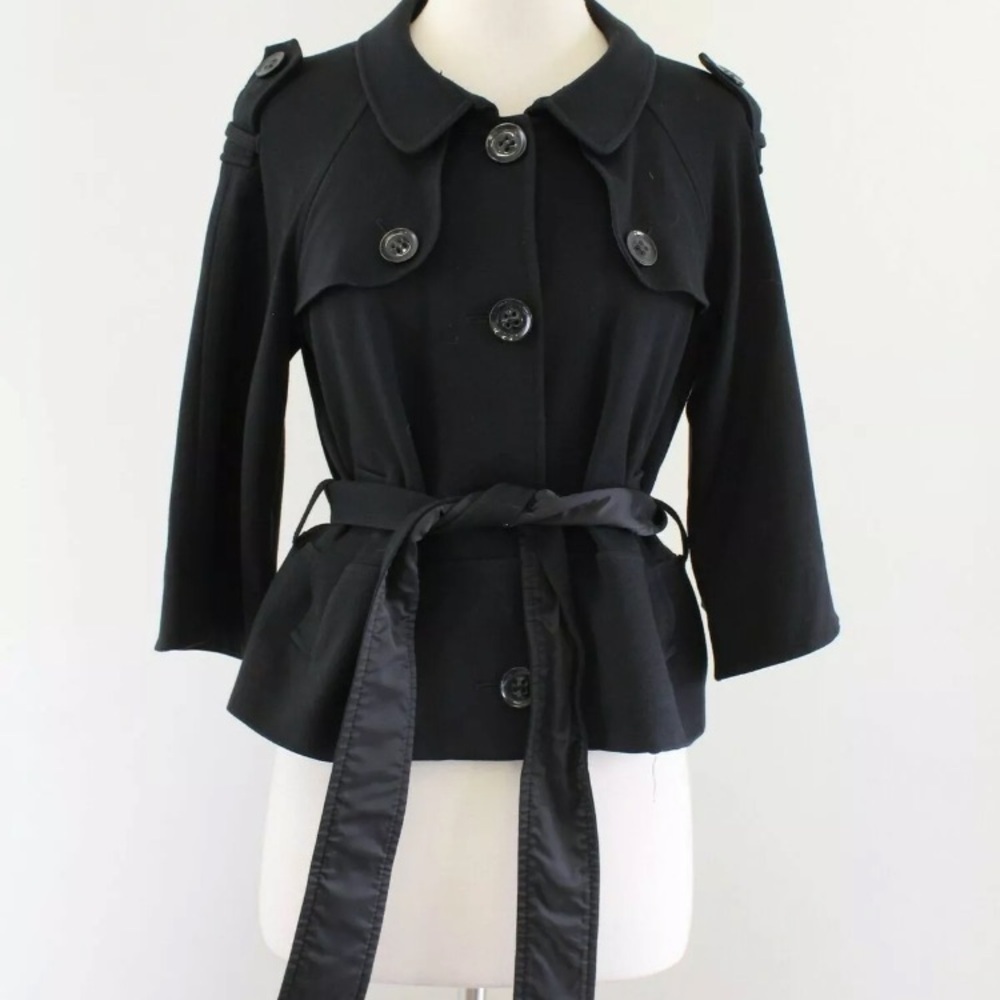 THEORY AMADI SOLID BLACK TIE BELT UTILITY JACKET W/BELLED 3/4 LENGTH SLEEVES